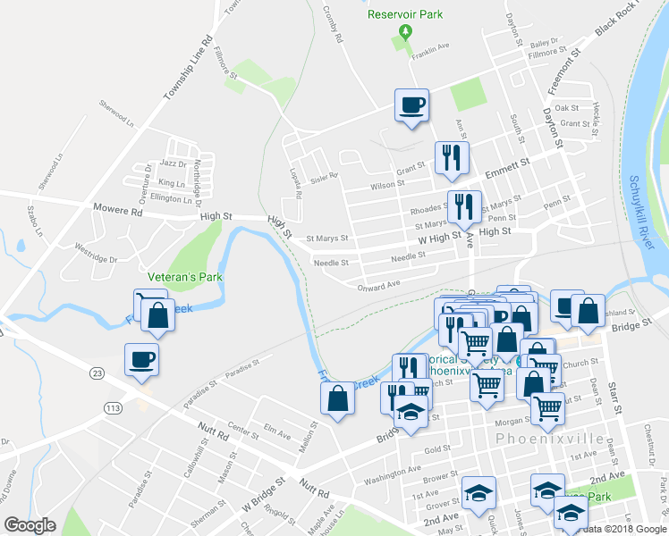 map of restaurants, bars, coffee shops, grocery stores, and more near 624 Needle Street in Phoenixville