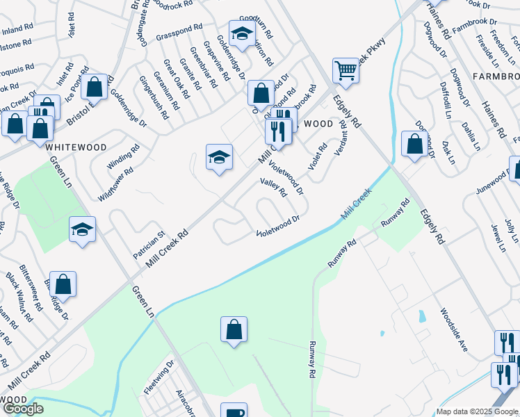 map of restaurants, bars, coffee shops, grocery stores, and more near 34 Vista Road in Levittown