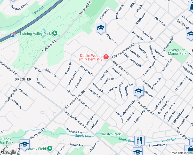 map of restaurants, bars, coffee shops, grocery stores, and more near 1317 Fitzwatertown Road in Abington