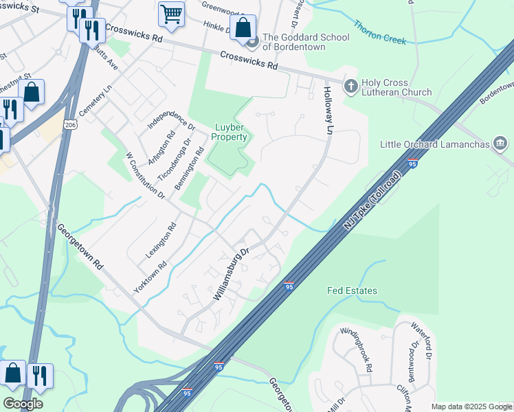 map of restaurants, bars, coffee shops, grocery stores, and more near 16 North Colonial Drive in Bordentown