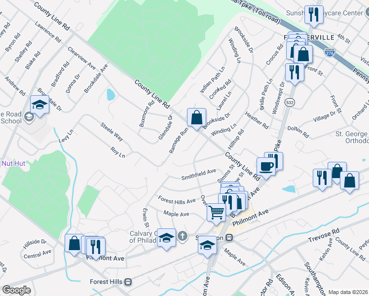 map of restaurants, bars, coffee shops, grocery stores, and more near 8 County Line Road in Montgomery County