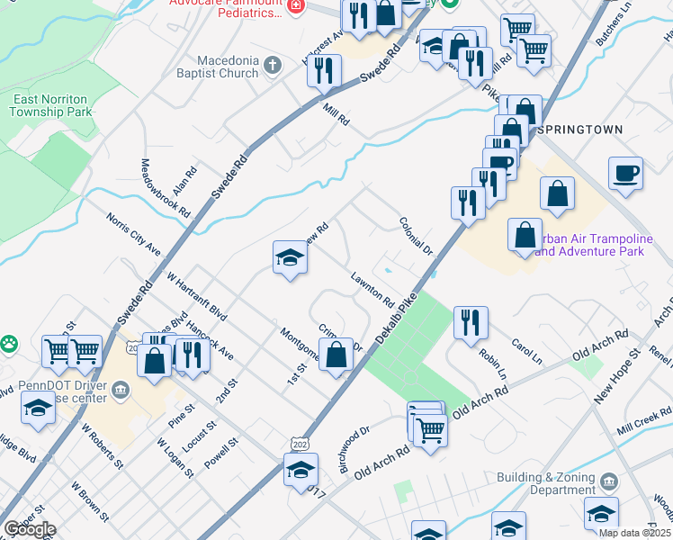 map of restaurants, bars, coffee shops, grocery stores, and more near 106 Lawnton Road in Norristown