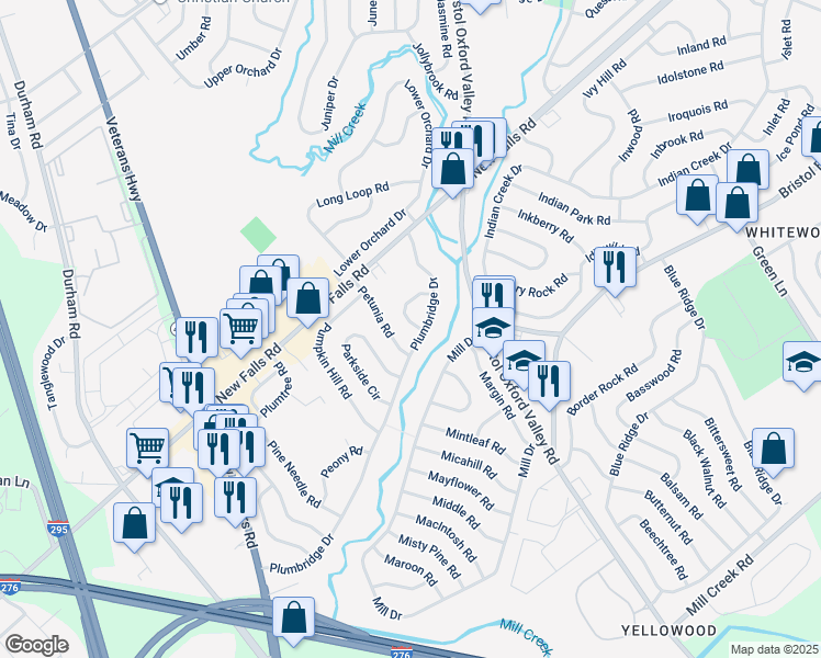 map of restaurants, bars, coffee shops, grocery stores, and more near 19 Peppermint Road in Levittown