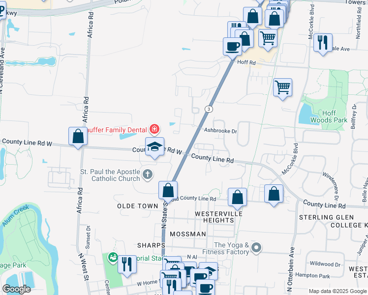 map of restaurants, bars, coffee shops, grocery stores, and more near 423 North State Street in Westerville