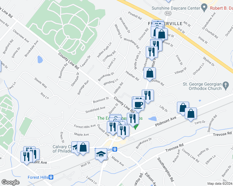 map of restaurants, bars, coffee shops, grocery stores, and more near 5 Hilltop Road in Feasterville-Trevose