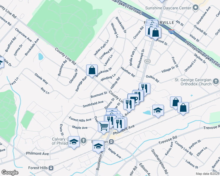 map of restaurants, bars, coffee shops, grocery stores, and more near 2 Hilltop Road in Feasterville-Trevose