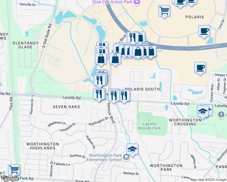 map of restaurants, bars, coffee shops, grocery stores, and more near 8350 Sancus Boulevard in Columbus