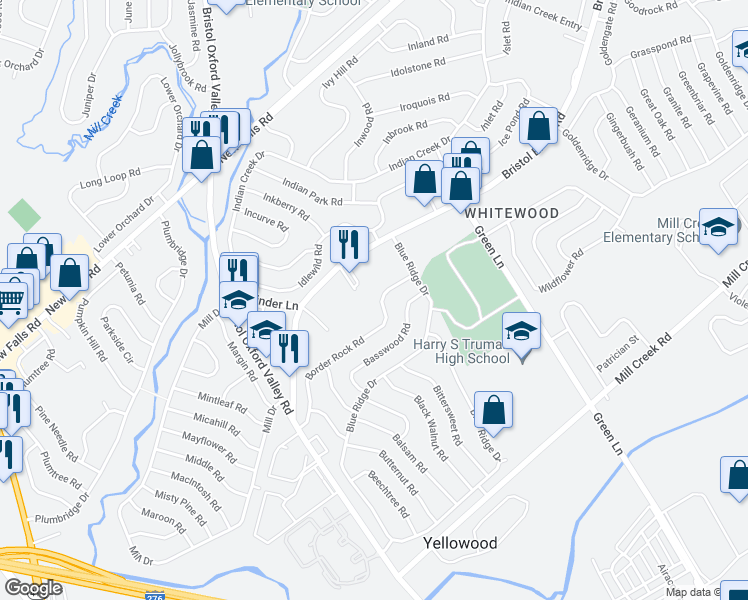 map of restaurants, bars, coffee shops, grocery stores, and more near 105 Border Rock Road in Levittown