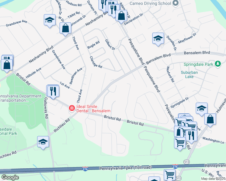 map of restaurants, bars, coffee shops, grocery stores, and more near 3304 Johns Court in Bensalem