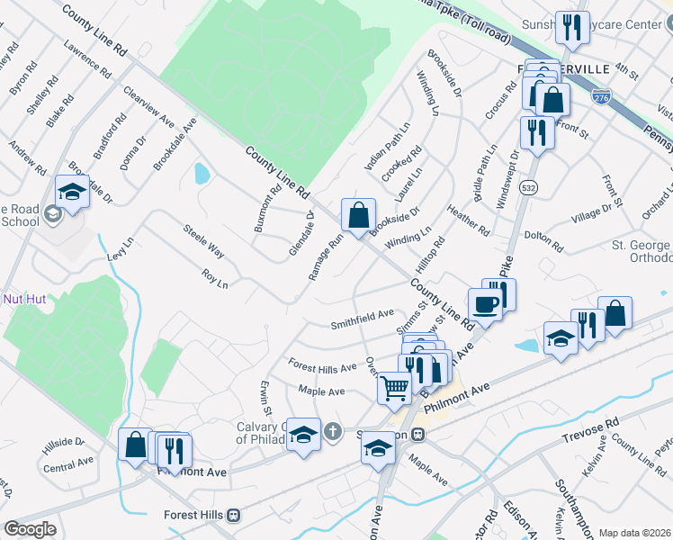 map of restaurants, bars, coffee shops, grocery stores, and more near 8 County Line Road in Montgomery County
