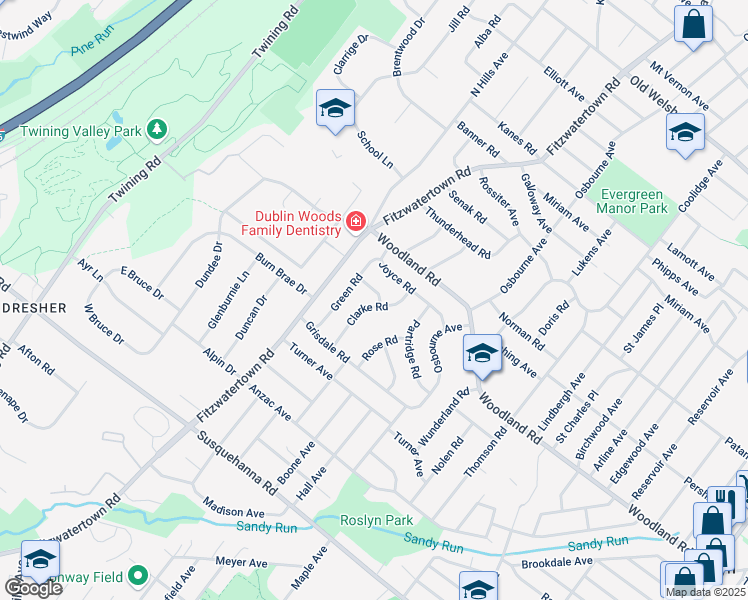 map of restaurants, bars, coffee shops, grocery stores, and more near 1346 Clarke Road in Roslyn