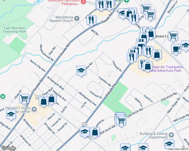map of restaurants, bars, coffee shops, grocery stores, and more near 106 Lawnton Road in Norristown
