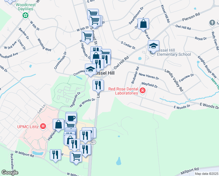 map of restaurants, bars, coffee shops, grocery stores, and more near 2 East Woods Drive in Lititz
