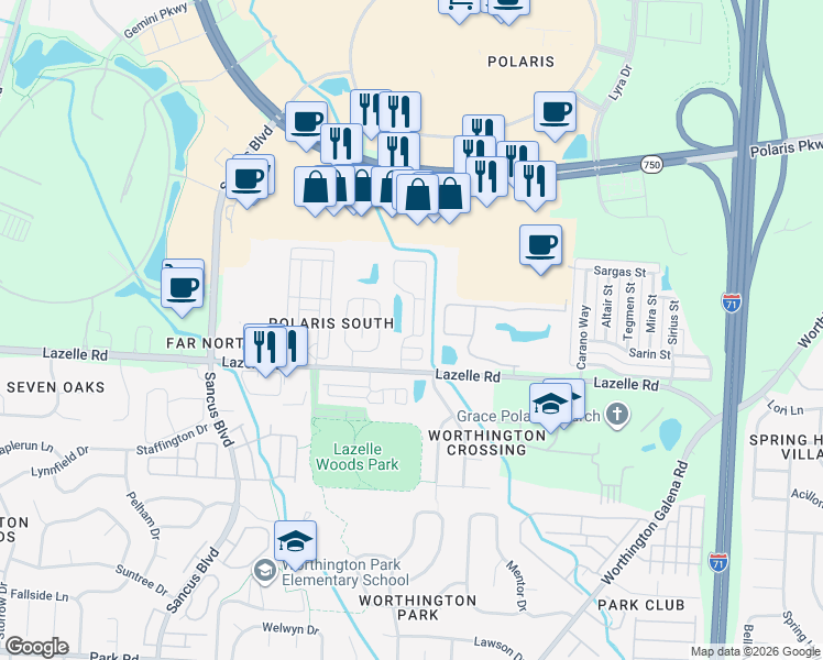 map of restaurants, bars, coffee shops, grocery stores, and more near 8405 Cascade View Drive in Columbus