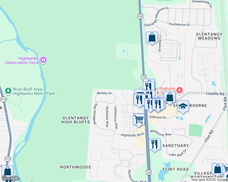 map of restaurants, bars, coffee shops, grocery stores, and more near 200 Bluejay Drive in Columbus