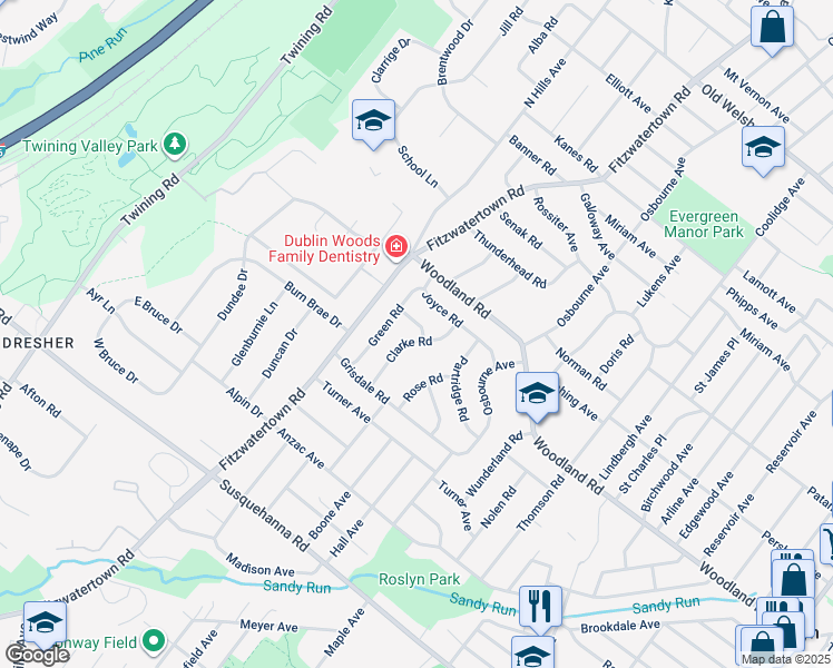 map of restaurants, bars, coffee shops, grocery stores, and more near 1346 Clarke Road in Roslyn