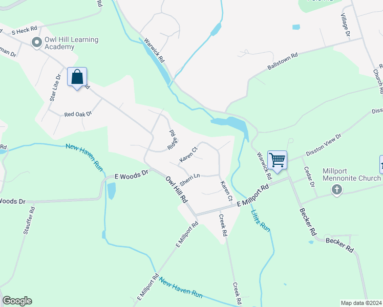 map of restaurants, bars, coffee shops, grocery stores, and more near 49 Karen Court in Lititz