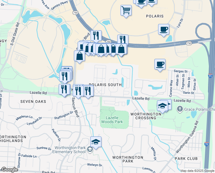 map of restaurants, bars, coffee shops, grocery stores, and more near 8321 Sable Crossing Drive in Columbus