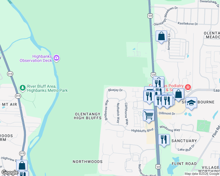 map of restaurants, bars, coffee shops, grocery stores, and more near 242 Bluejay Drive in Columbus