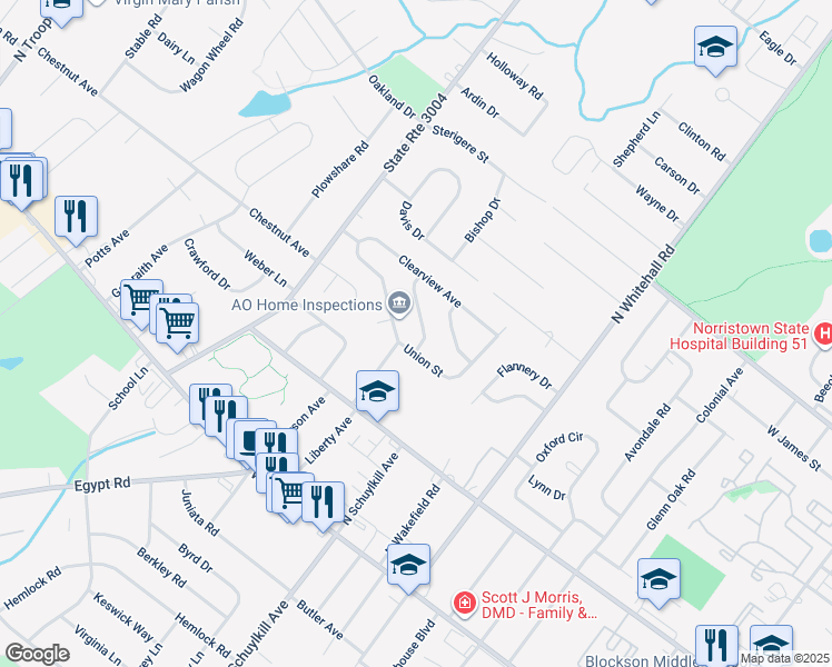 map of restaurants, bars, coffee shops, grocery stores, and more near 16 Penfield Avenue in Norristown