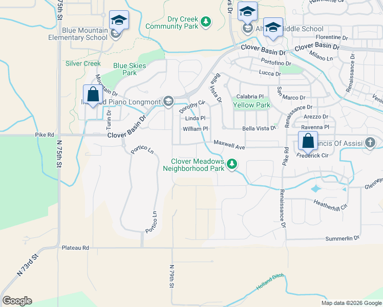 map of restaurants, bars, coffee shops, grocery stores, and more near 5051 Maxwell Avenue in Longmont