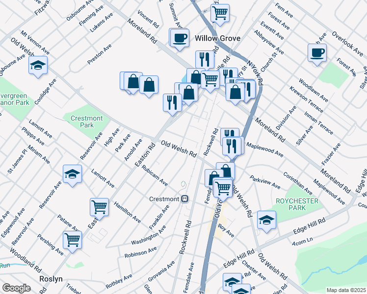 map of restaurants, bars, coffee shops, grocery stores, and more near 2241 Old Welsh Road in Willow Grove