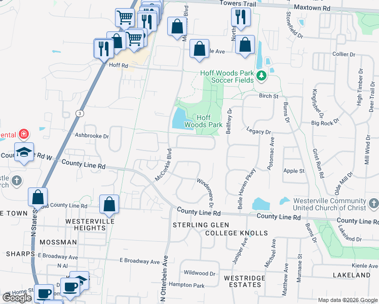 map of restaurants, bars, coffee shops, grocery stores, and more near 336 Wyndham Park South in Westerville