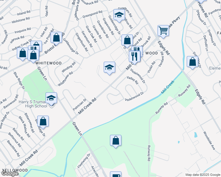 map of restaurants, bars, coffee shops, grocery stores, and more near 2 Violetwood Drive in Levittown