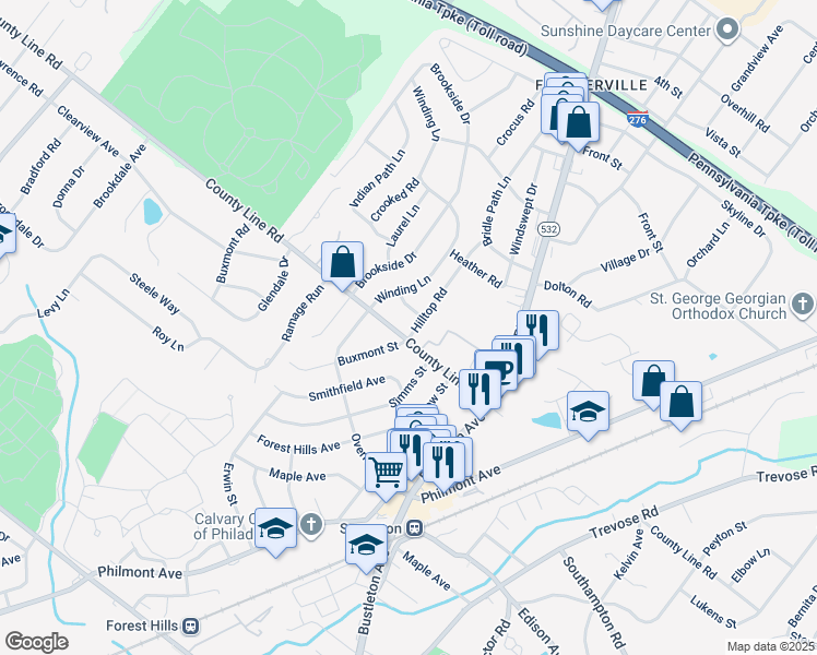 map of restaurants, bars, coffee shops, grocery stores, and more near 2 Hilltop Road in Feasterville-Trevose