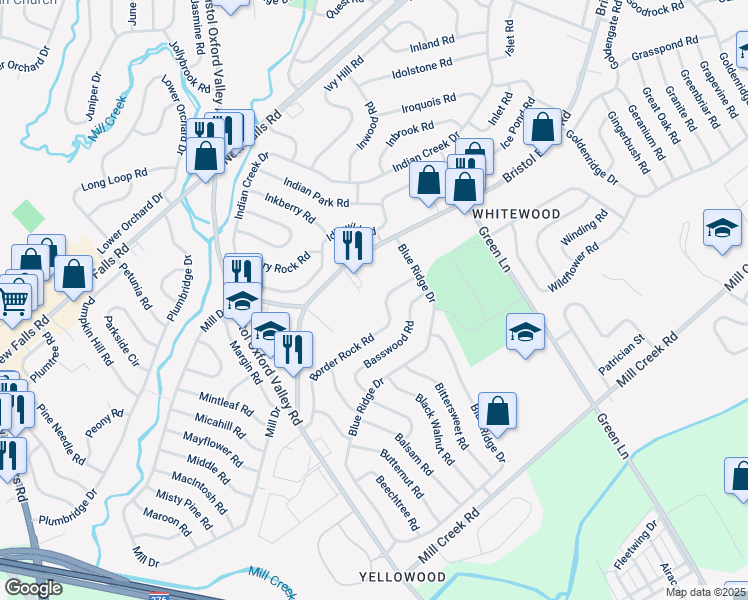 map of restaurants, bars, coffee shops, grocery stores, and more near 105 Border Rock Road in Levittown