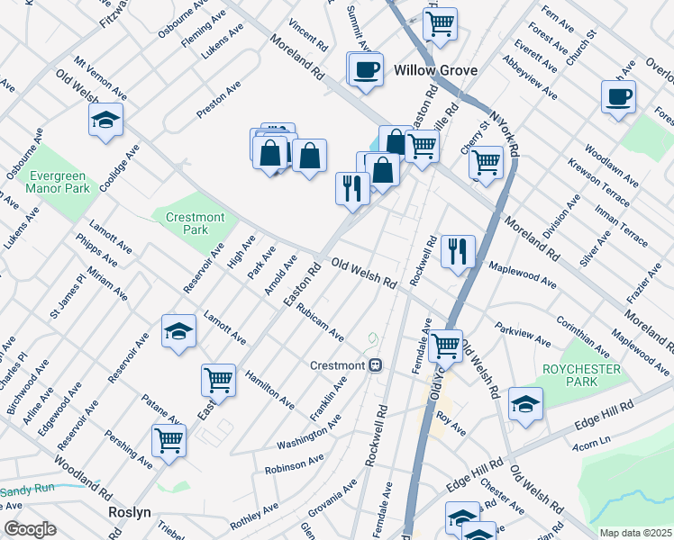 map of restaurants, bars, coffee shops, grocery stores, and more near 2334 Old Welsh Road in Willow Grove