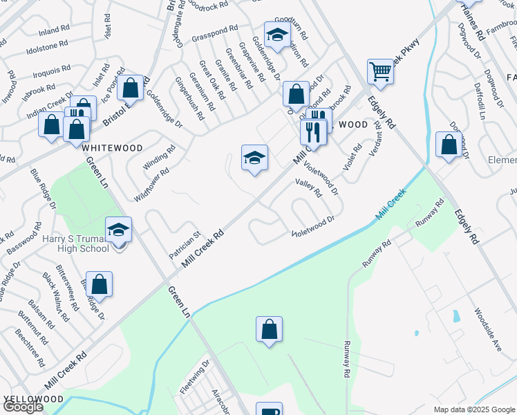 map of restaurants, bars, coffee shops, grocery stores, and more near 2 Violetwood Drive in Levittown