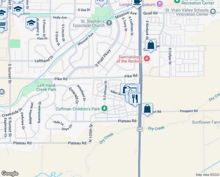 map of restaurants, bars, coffee shops, grocery stores, and more near 824 Neon Forest Circle in Longmont
