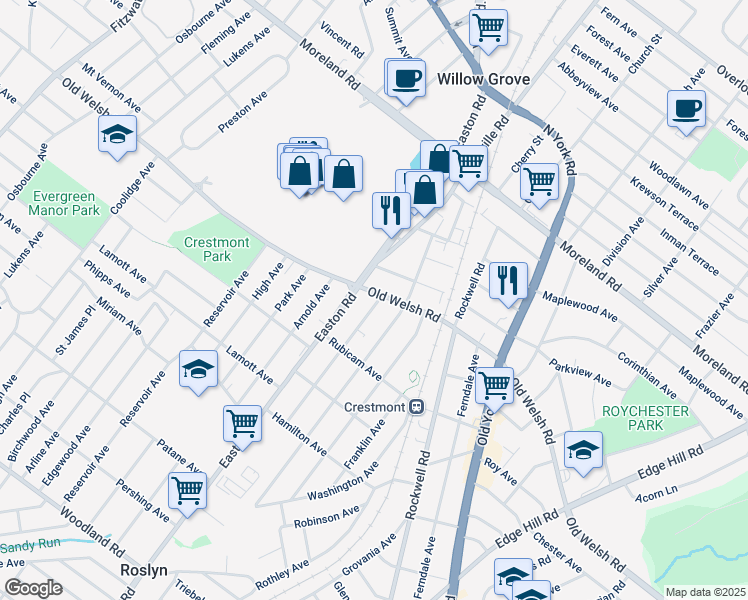 map of restaurants, bars, coffee shops, grocery stores, and more near 2334 Old Welsh Road in Willow Grove
