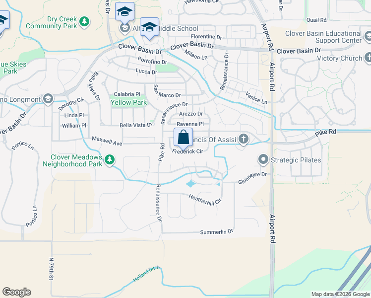 map of restaurants, bars, coffee shops, grocery stores, and more near 4122 Frederick Circle in Longmont