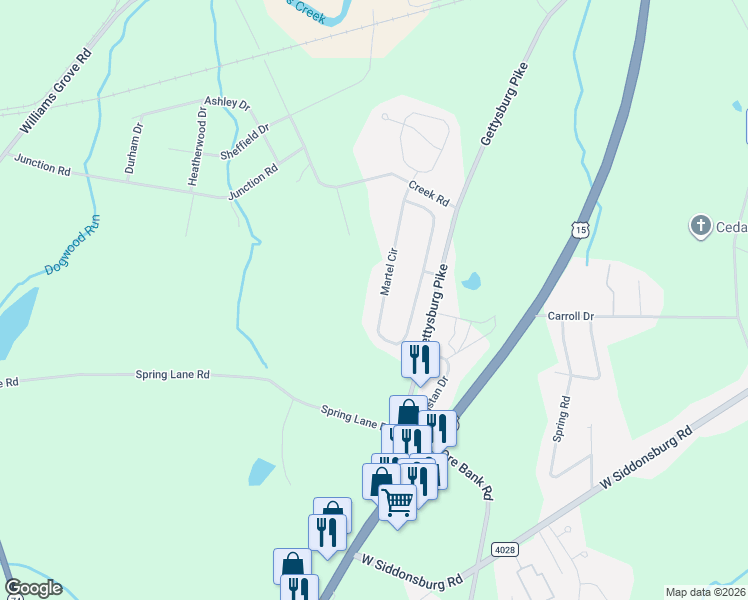 map of restaurants, bars, coffee shops, grocery stores, and more near 160 Martel Circle in Dillsburg