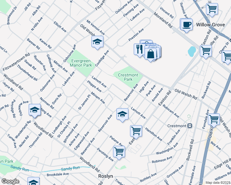 map of restaurants, bars, coffee shops, grocery stores, and more near 2555 Lamott Avenue in Willow Grove