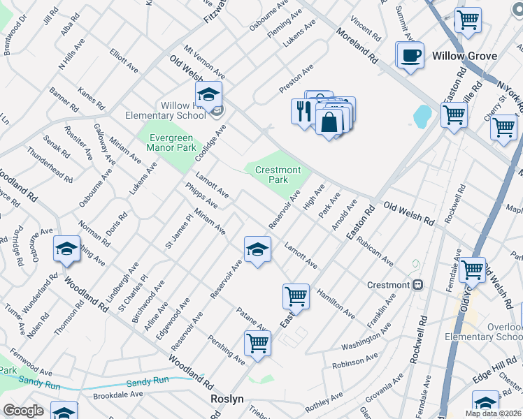 map of restaurants, bars, coffee shops, grocery stores, and more near 2533 Pierce Avenue in Willow Grove