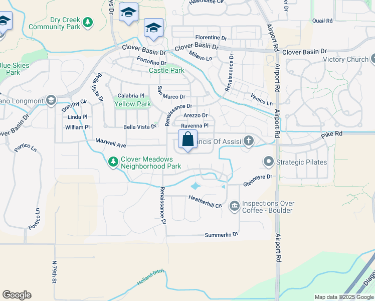 map of restaurants, bars, coffee shops, grocery stores, and more near 4128 Frederick Circle in Longmont