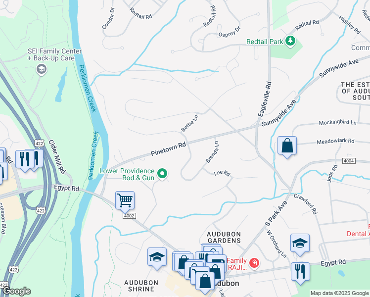 map of restaurants, bars, coffee shops, grocery stores, and more near 200 Pinetown Road in Eagleville