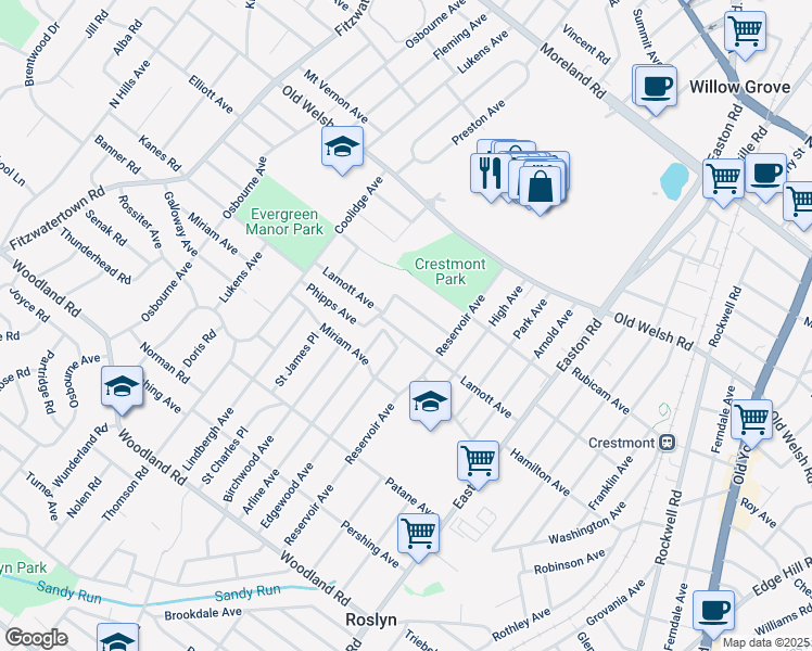map of restaurants, bars, coffee shops, grocery stores, and more near 2555 Lamott Avenue in Willow Grove