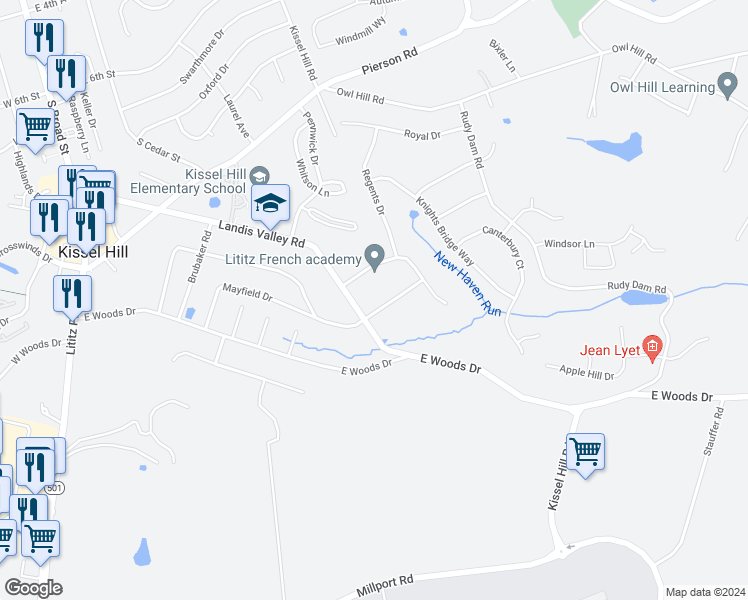 map of restaurants, bars, coffee shops, grocery stores, and more near 303 New Haven Drive in Lititz