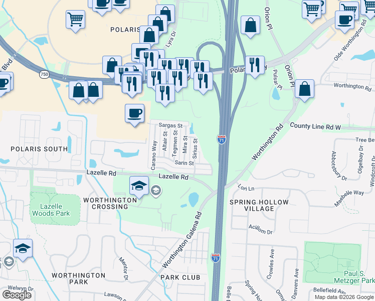 map of restaurants, bars, coffee shops, grocery stores, and more near 8283 Sirius Street in Columbus
