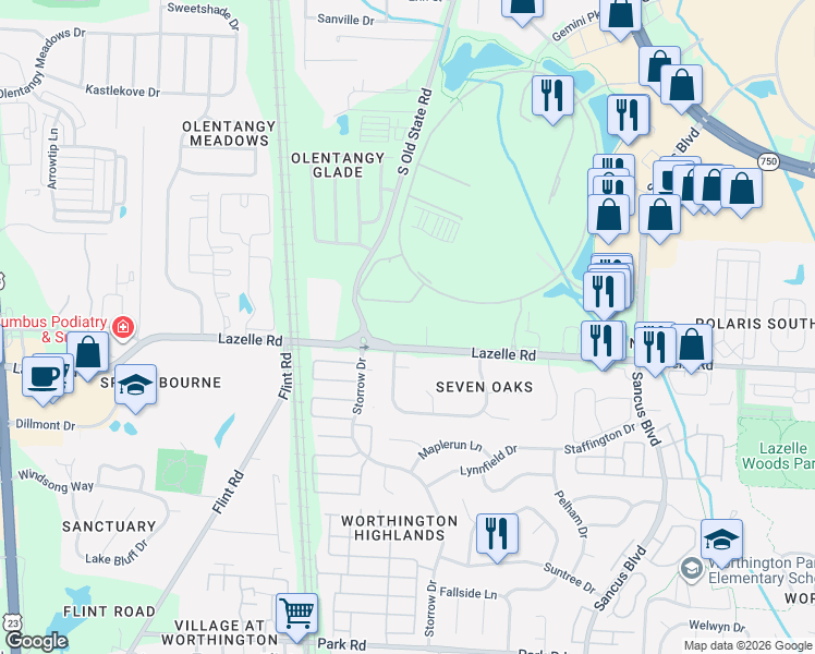 map of restaurants, bars, coffee shops, grocery stores, and more near 601 Flarestar Avenue in Columbus