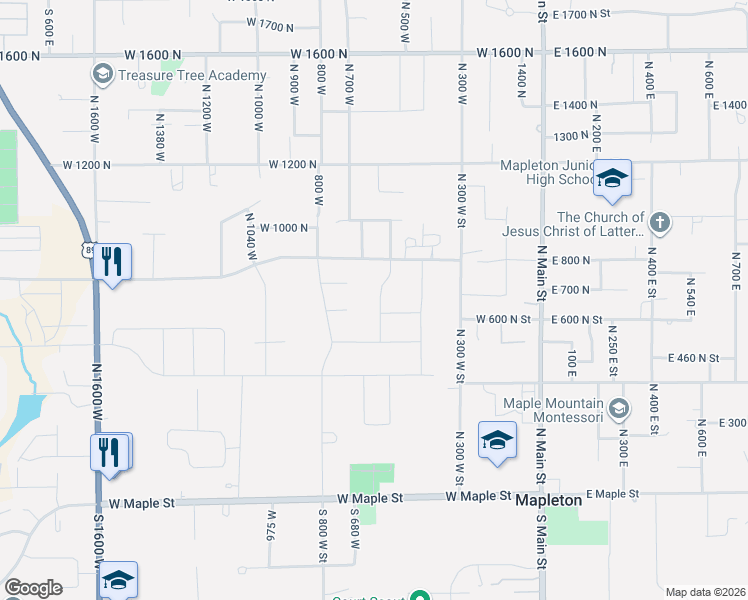 map of restaurants, bars, coffee shops, grocery stores, and more near 667 North 550 West in Mapleton