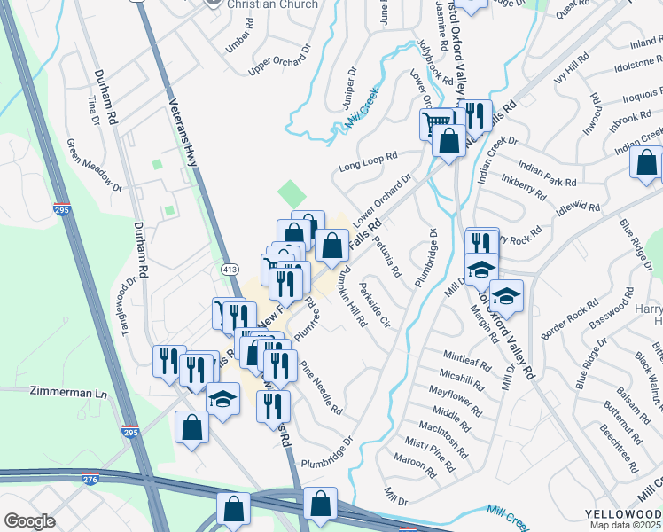 map of restaurants, bars, coffee shops, grocery stores, and more near 4585 New Falls Road in Levittown