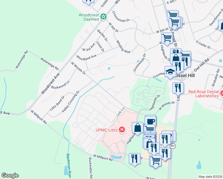map of restaurants, bars, coffee shops, grocery stores, and more near 322 West Woods Drive in Lititz