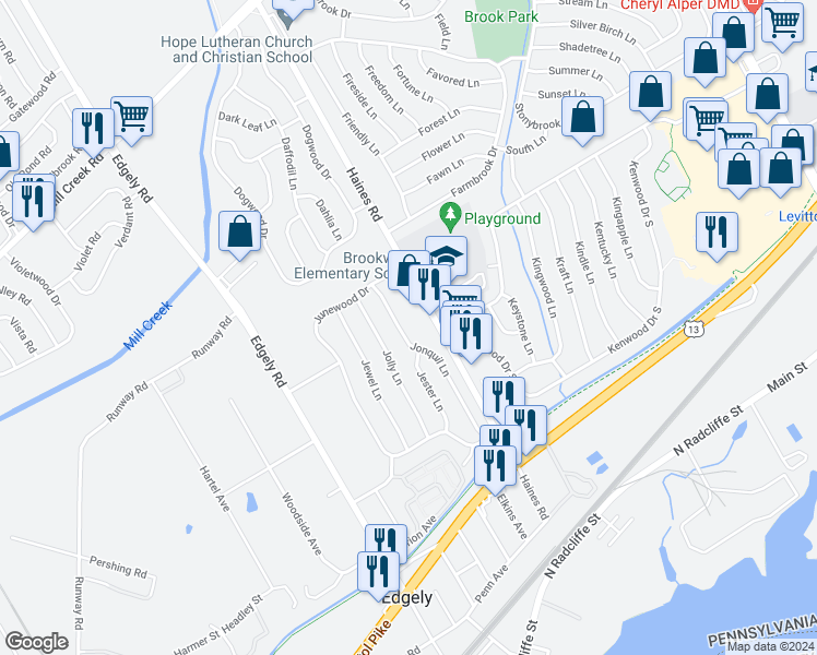 map of restaurants, bars, coffee shops, grocery stores, and more near 76 Jonquil Lane in Levittown