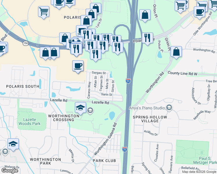 map of restaurants, bars, coffee shops, grocery stores, and more near 8283 Sirius Street in Columbus