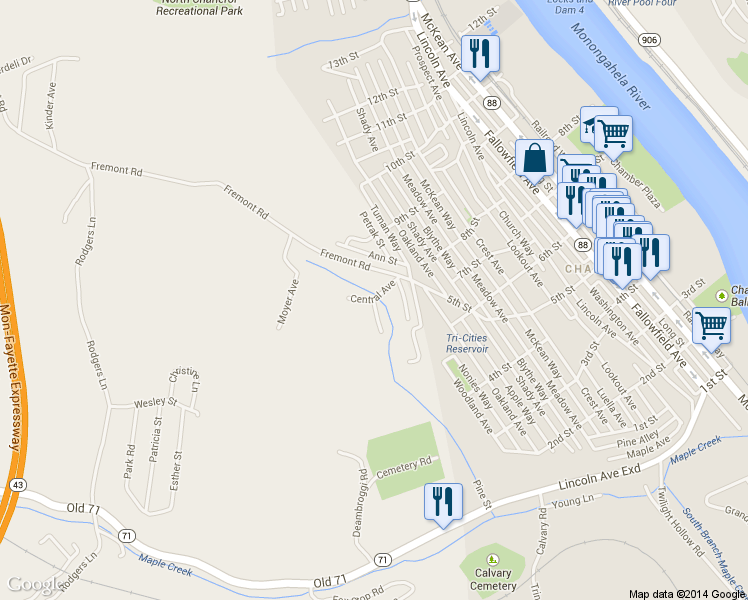 map of restaurants, bars, coffee shops, grocery stores, and more near 24 Central Ave in Charleroi